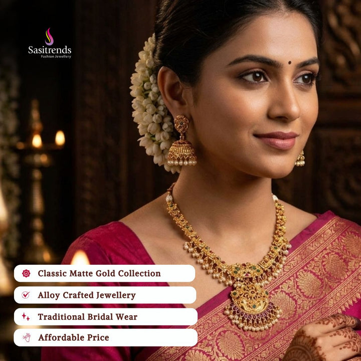 Affordable classic temple matte gold plated wedding wear necklace set - Sasitrends