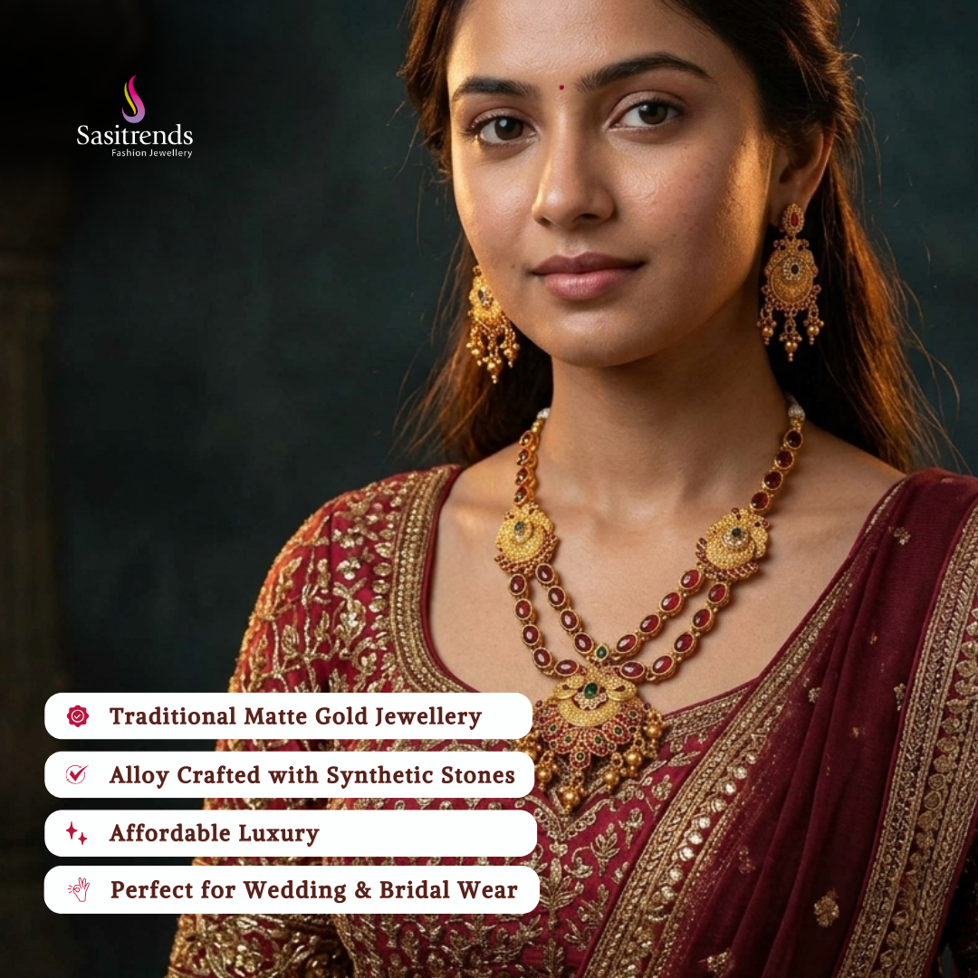 Affordable classic temple matte gold plated wedding wear necklace set - Sasitrends