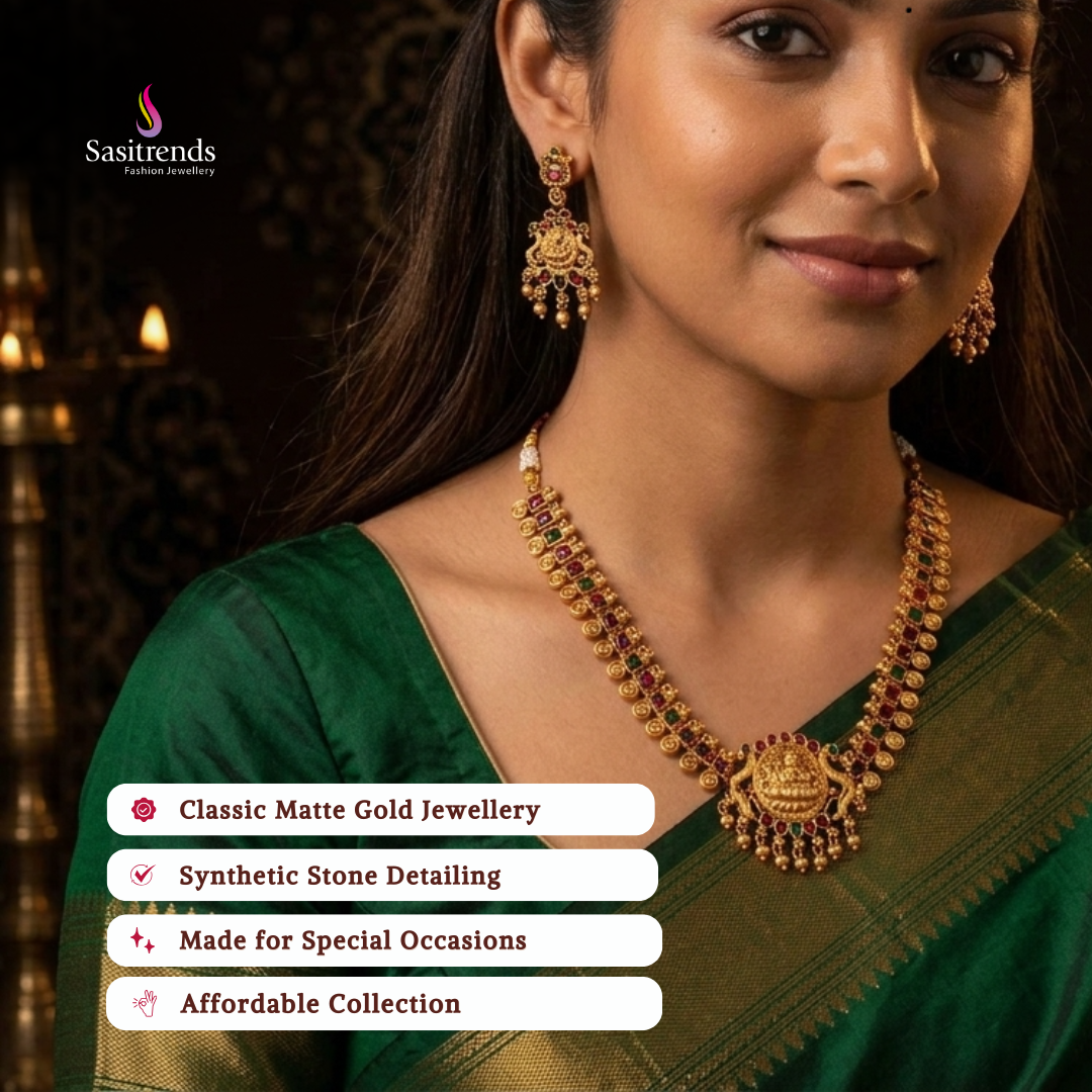Affordable classic temple matte gold plated wedding wear necklace set - Sasitrends