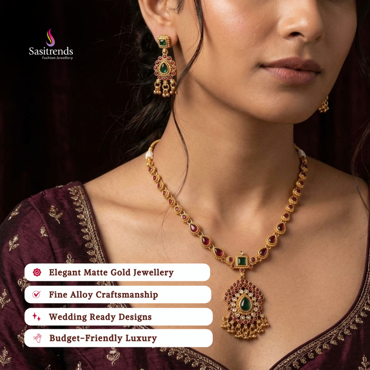 Affordable classic temple matte gold plated wedding wear necklace set - Sasitrends