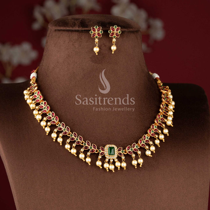 Classic Matte Gold Plated Leaf Pattern Rectangular Pendant with Hanging Pearl Necklace Jewellery Set for Traditional Wear - Sasitrends