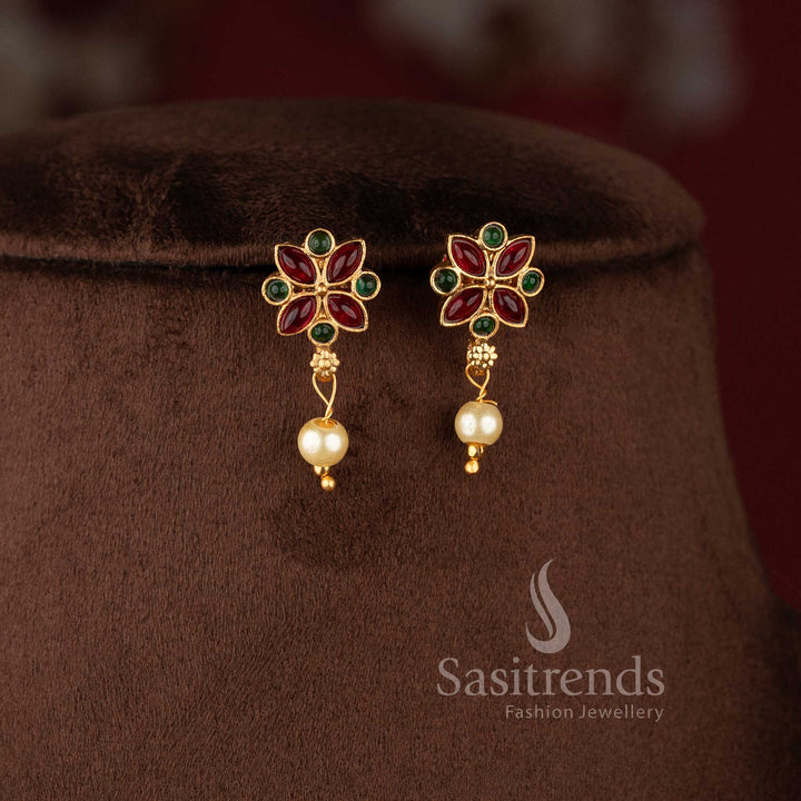 Designer ethnic necklace featuring leaf-inspired patterns with hanging pearl accents - Sasitrends.