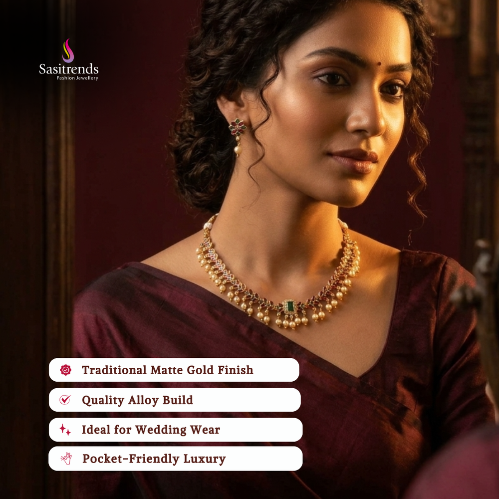 Affordable classic temple matte gold plated wedding wear necklace set - Sasitrends