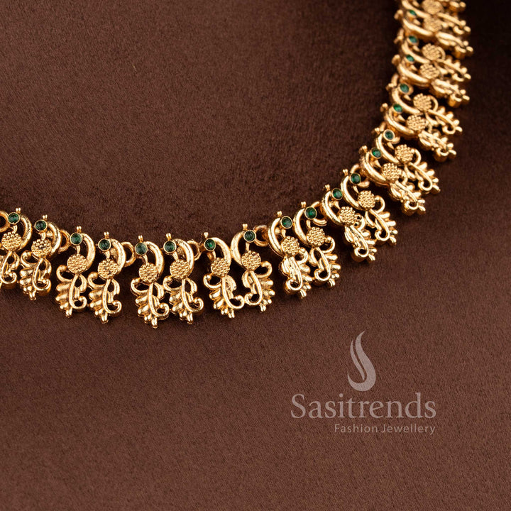 Traditional South Indian style matte gold plated necklace set with intricate peacock motifs - Sasitrends.