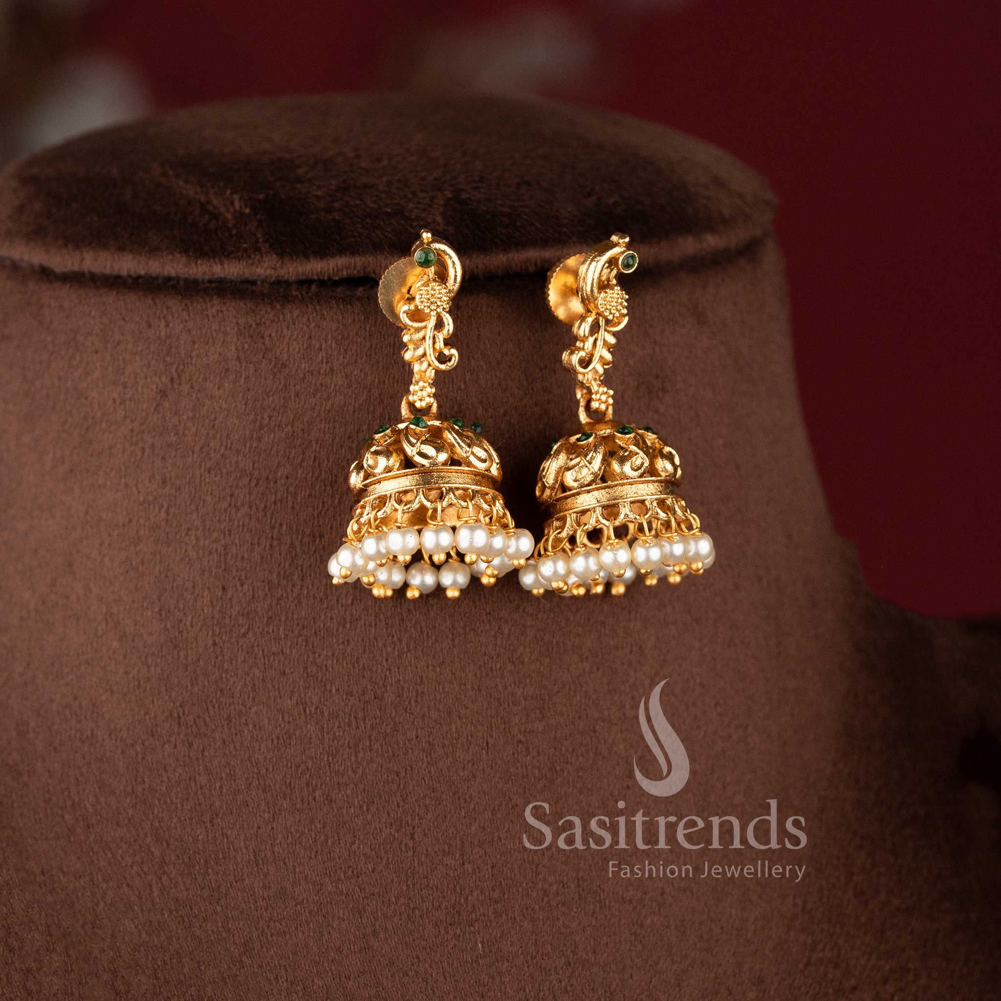 Traditional South Indian style matte gold plated necklace set with intricate peacock motifs - Sasitrends.