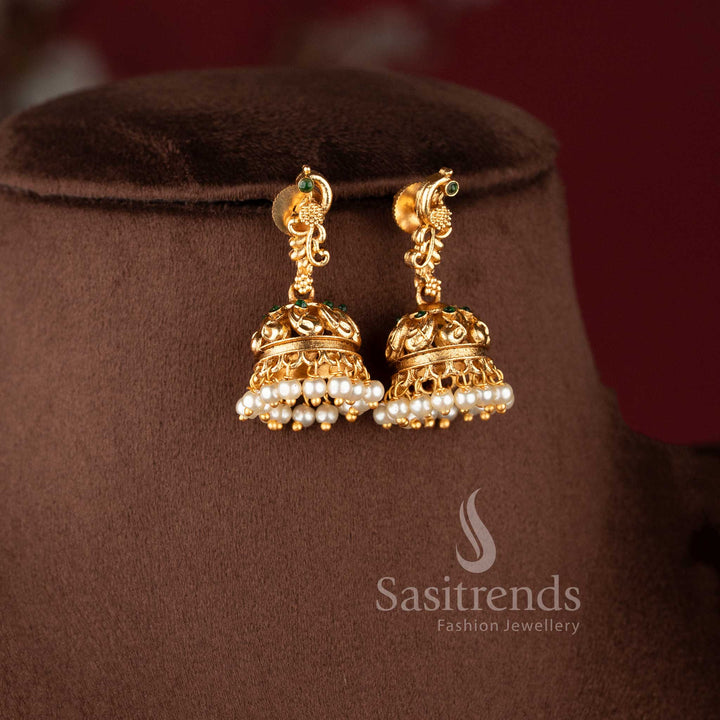 Traditional South Indian style matte gold plated necklace set with intricate peacock motifs - Sasitrends.