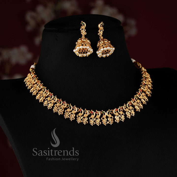 Classic Peacock Mango matte gold plated necklace jewellery set with traditional ethnic detailing - Sasitrends