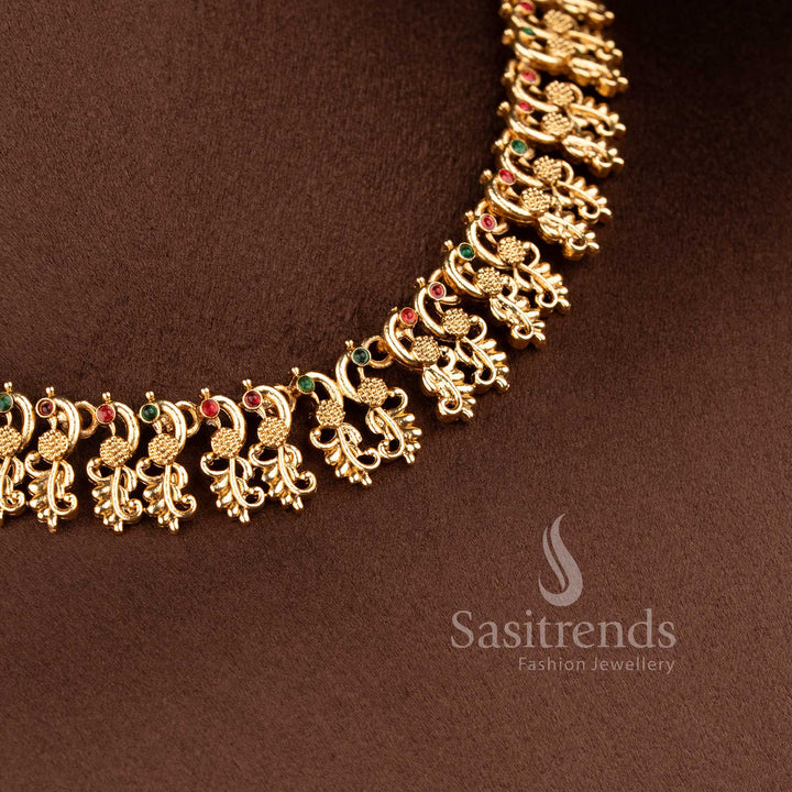 Elegant peacock mango design necklace crafted in matte gold finish with matching earrings - Sasitrends.