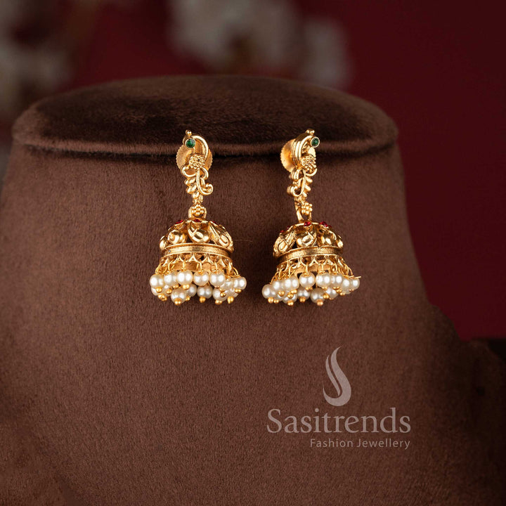 Elegant peacock mango design necklace crafted in matte gold finish with matching earrings - Sasitrends.