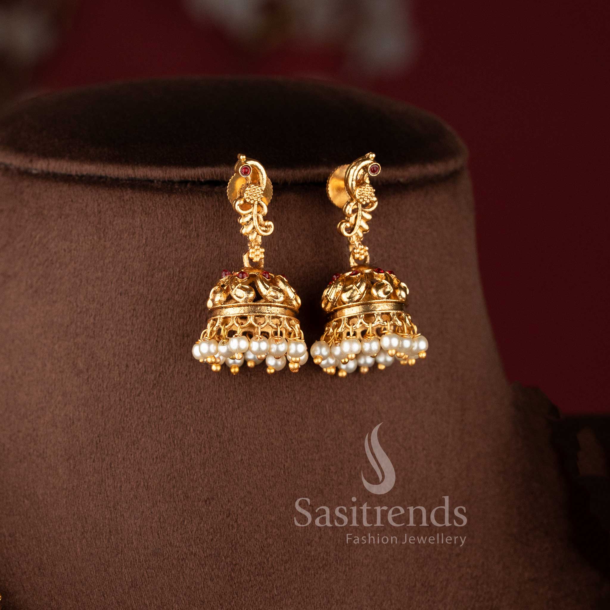 Classic peacock mango matte gold plated necklace jewellery set with traditional detailing - Sasitrends.