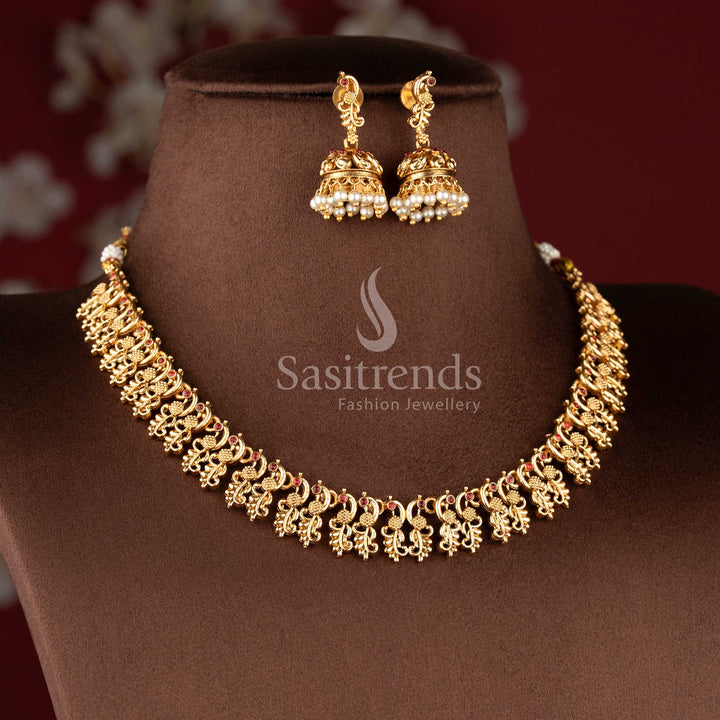 Classic peacock mango matte gold plated necklace jewellery set with traditional detailing - Sasitrends.