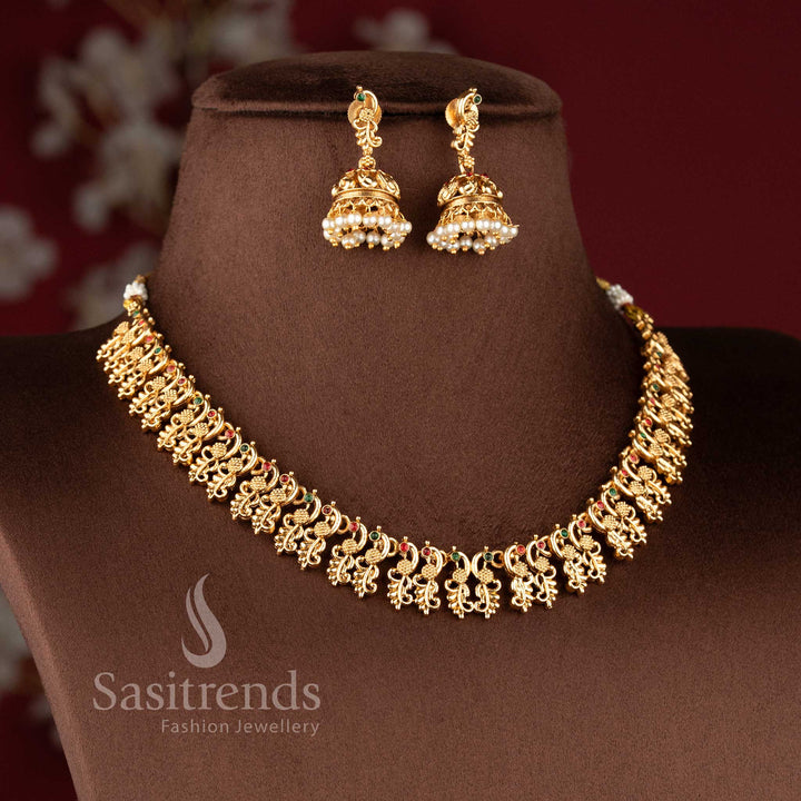 Elegant peacock mango design necklace crafted in matte gold finish with matching earrings - Sasitrends.