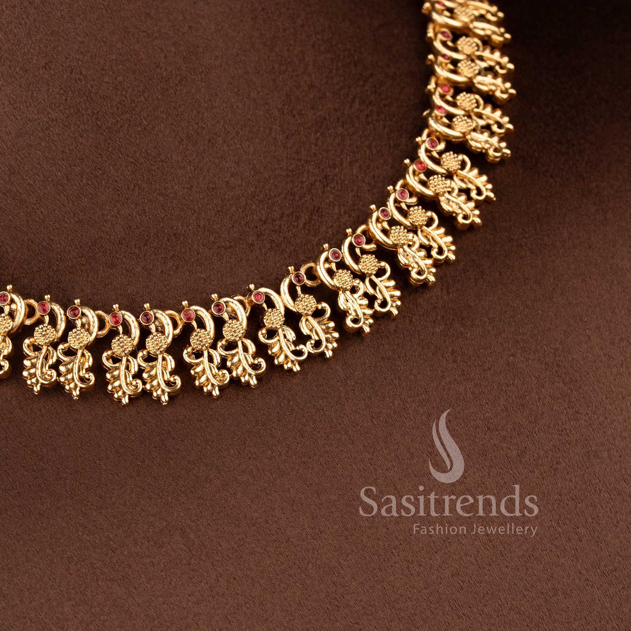 Classic peacock mango matte gold plated necklace jewellery set with traditional detailing - Sasitrends.