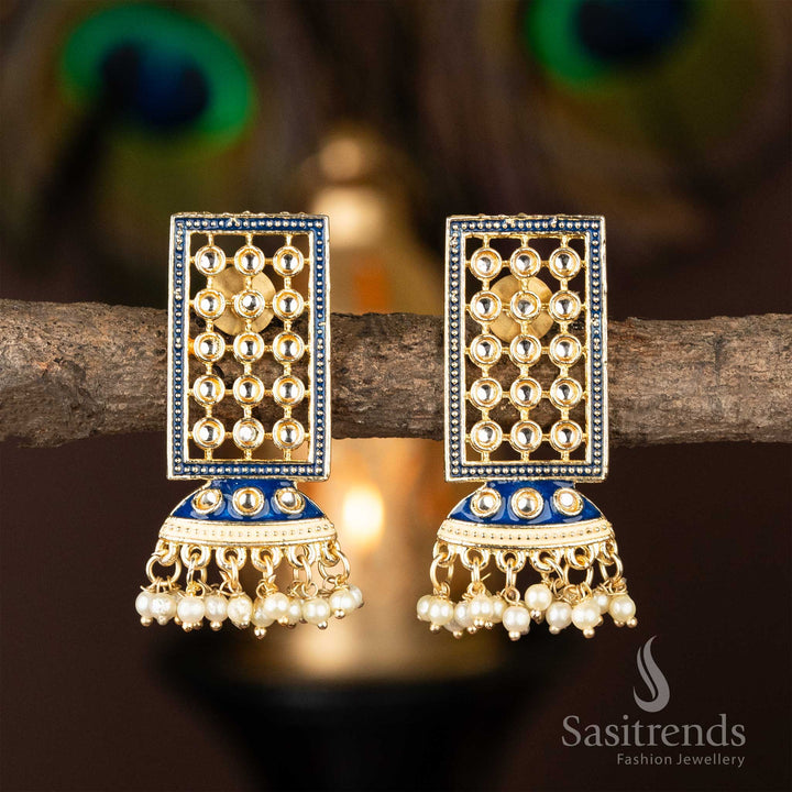 Sasitrends - Flower Shape Pearl Gold Plated AD Kundan Stone Earrings - Sasitrends