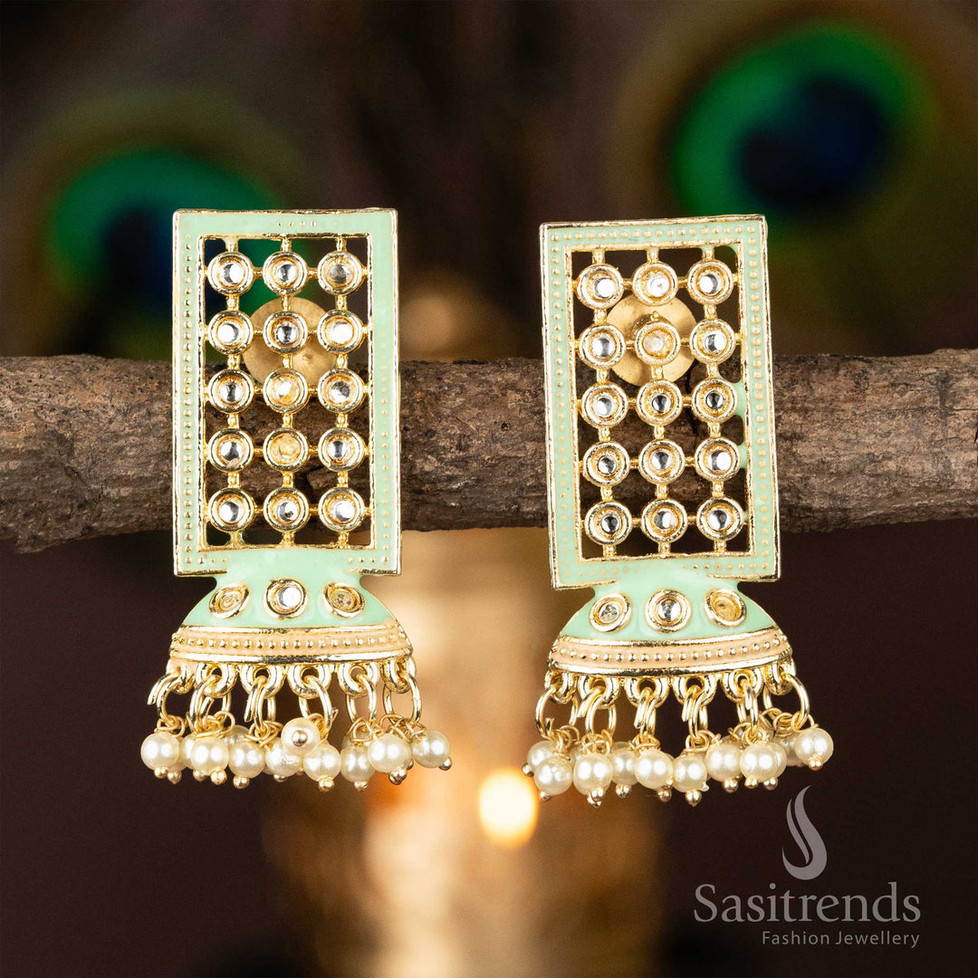 Sasitrends Flower Shape Pearl Gold Plated AD Kundan Stone Earrings