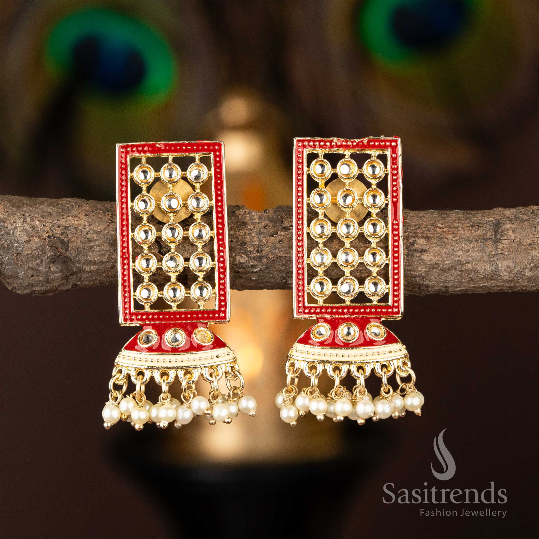 Sasitrends - Flower Shape Pearl Gold Plated AD Kundan Stone Earrings - Sasitrends