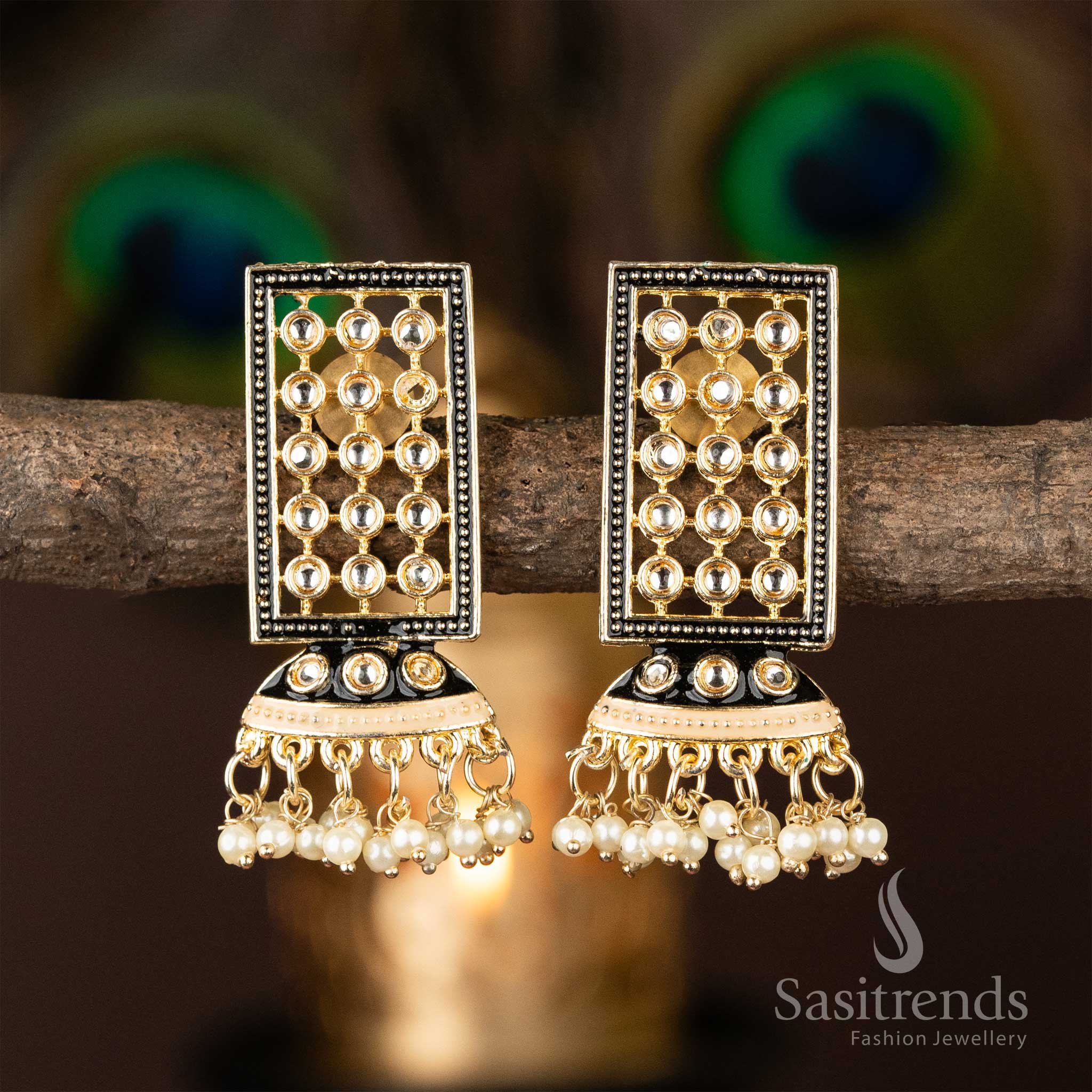Sasitrends - Flower Shape Pearl Gold Plated AD Kundan Stone Earrings - Sasitrends