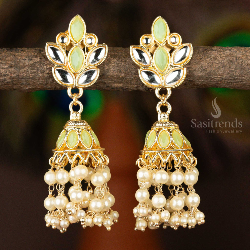 Traditional Gold Plated Light Green and White Kundan Jhumka Earrings Sasitrends Online 