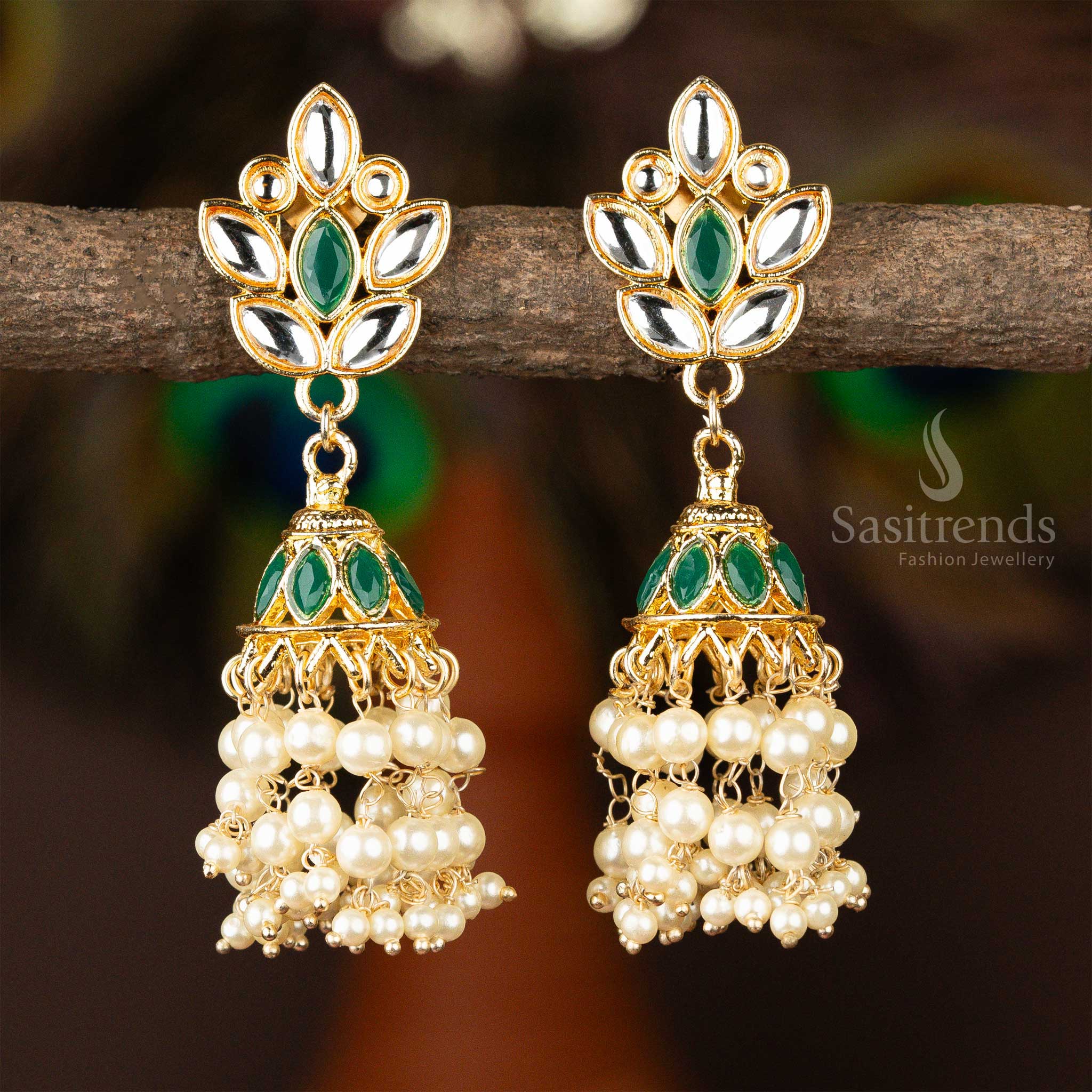 Elegant Gold Plated Dark Green and Gold Kundan Jhumka Earrings Online Shopping