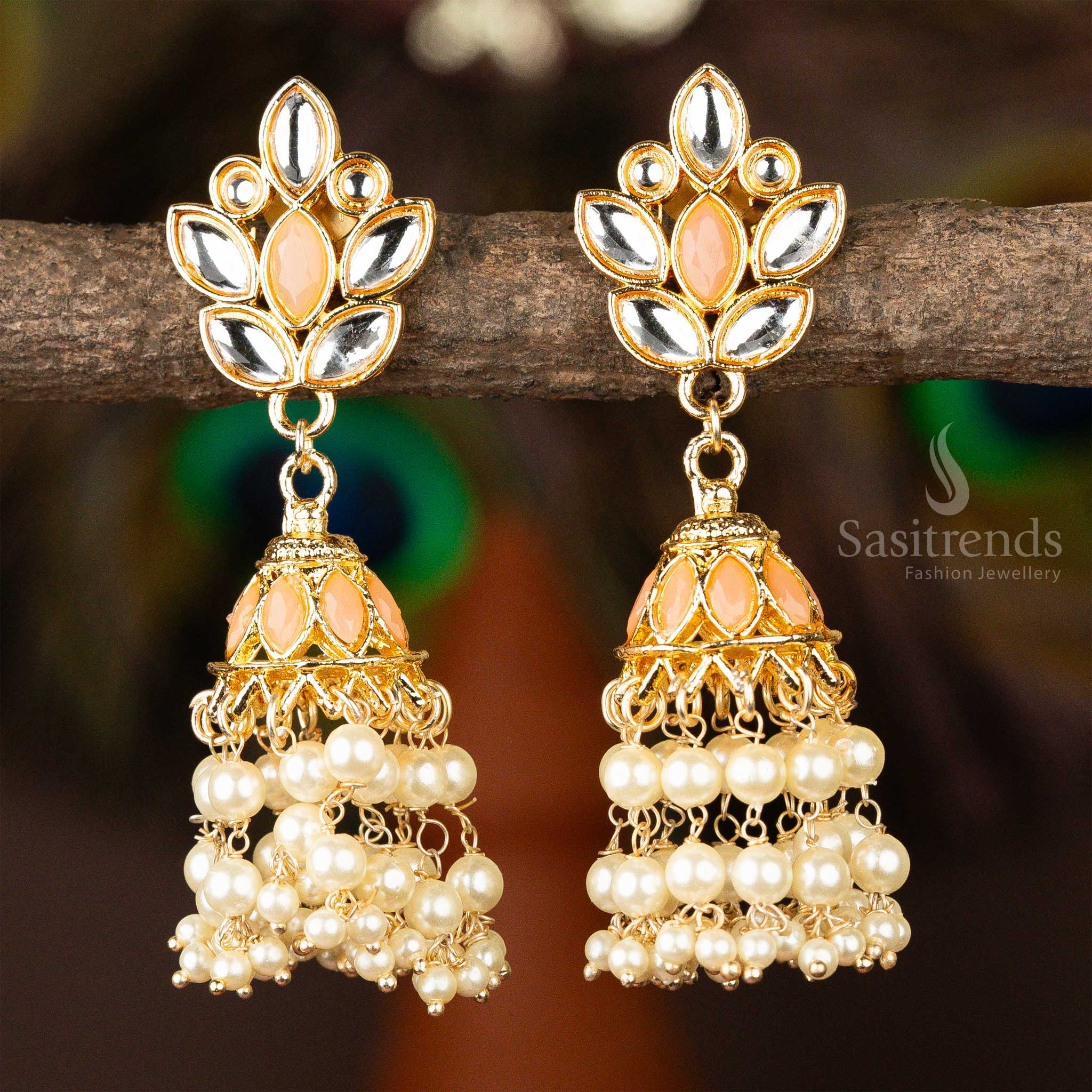 Elegant Gold Plated Peach And White Kundan Jhumka Earrings Sasitrends Online Shopping