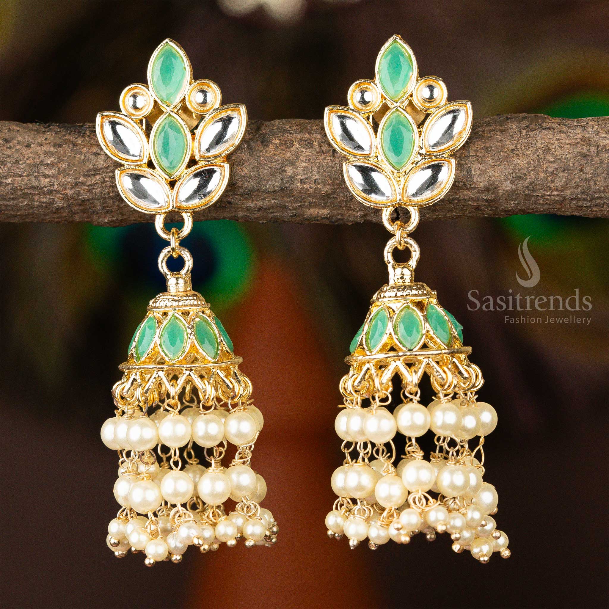 Latest Gold Plated Parrot Green And White Stone Stud Jhumka Pearl Earrings Sasitrends 