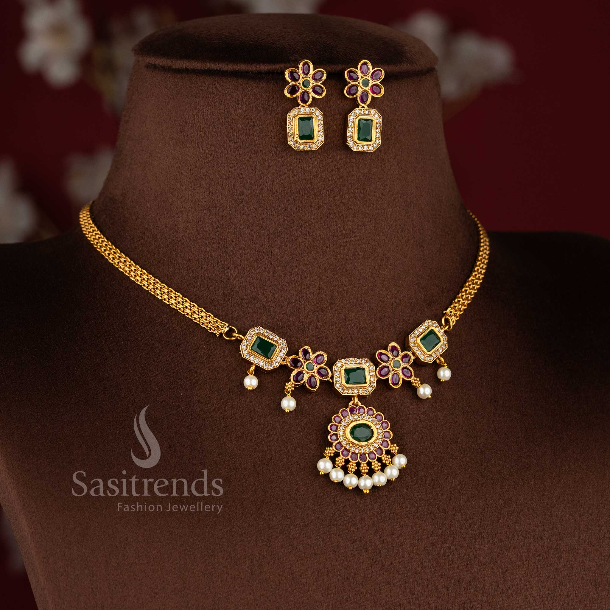 Exquisite traditional American diamond floral attigai necklace set with matte gold finish and pearl drop by Sasitrends