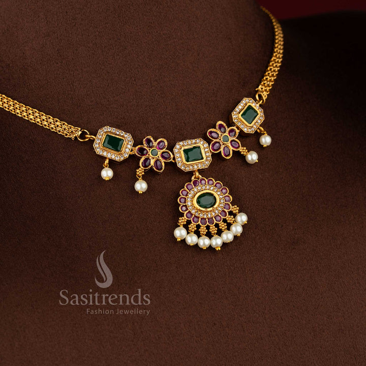 Traditional matte gold AD stone floral attigai necklace with rectangular and oval stone design