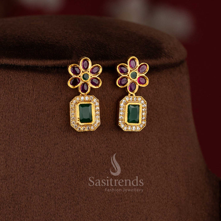 Traditional matte gold AD stone floral attigai necklace with rectangular and oval stone design
