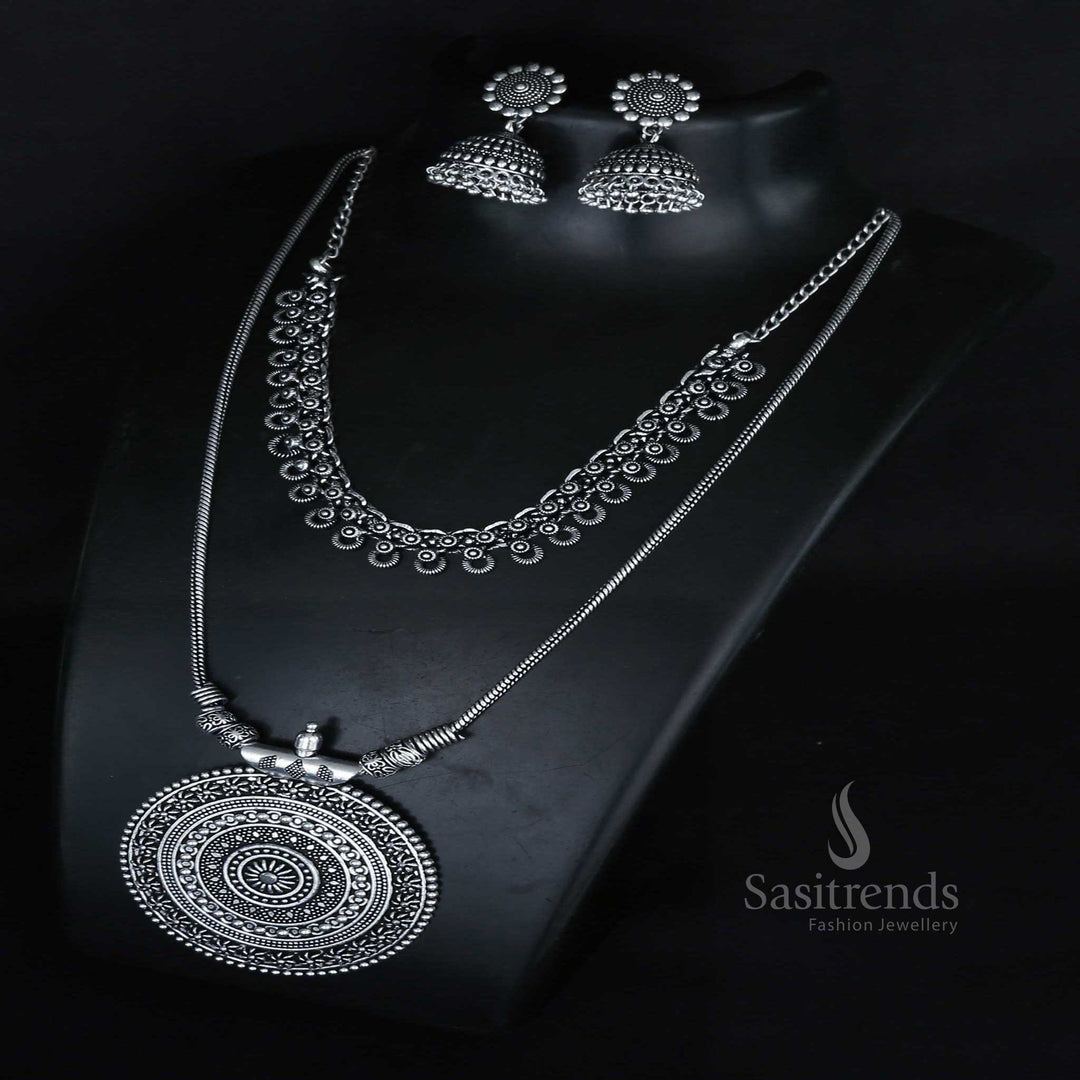 Stunning Oxidised Combo Jewellery Set - Floral Pattern Necklace with Jhumka Earrings - Sasitrends