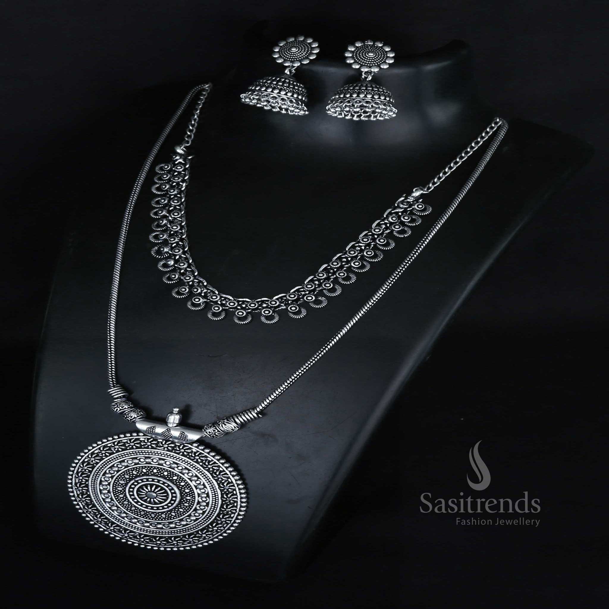 Stunning Oxidised Combo Jewellery Set - Floral Pattern Necklace with Jhumka Earrings - Sasitrends