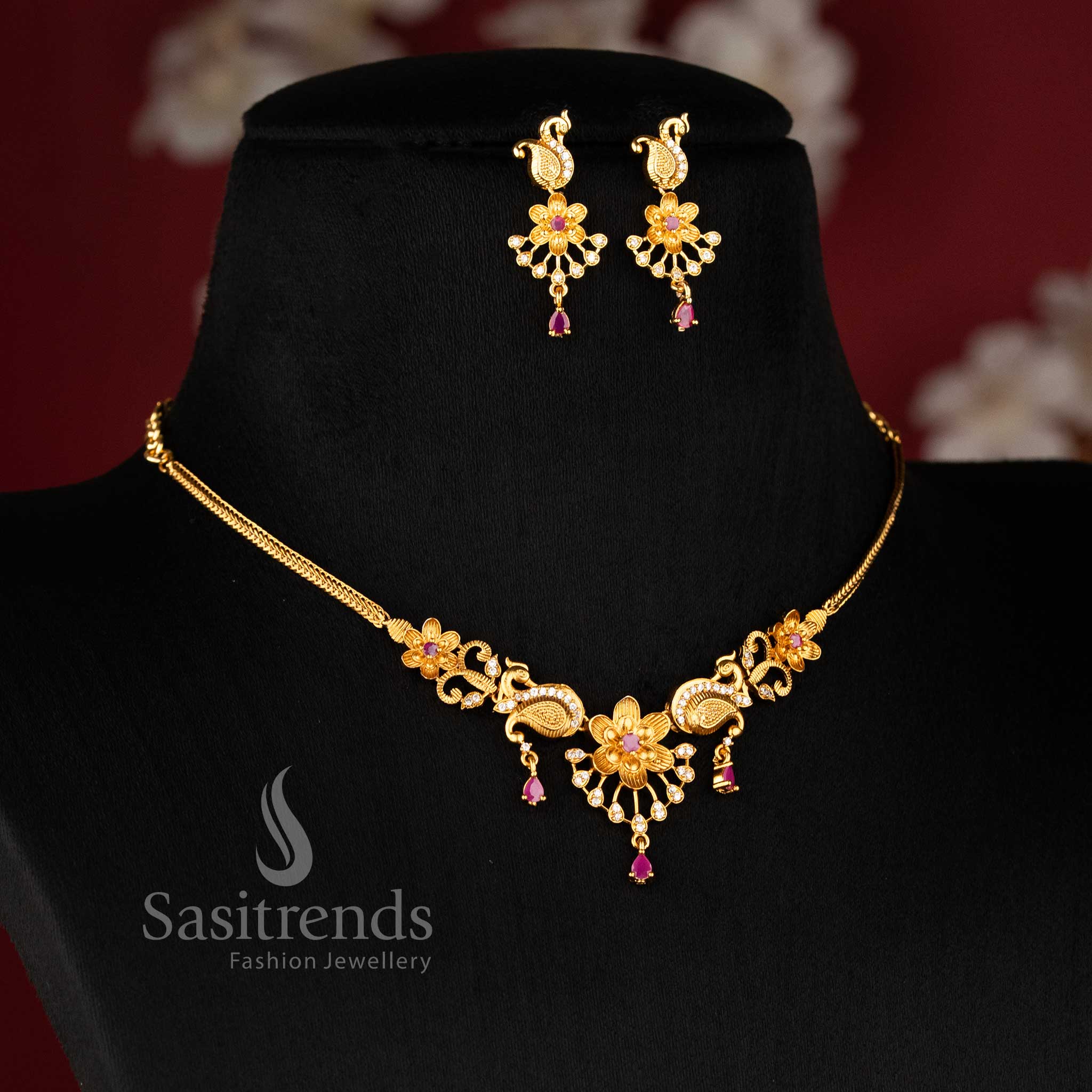 Vibrant Peacock Necklace Set: White- Ruby-Color American Diamonds - Sasitrends 