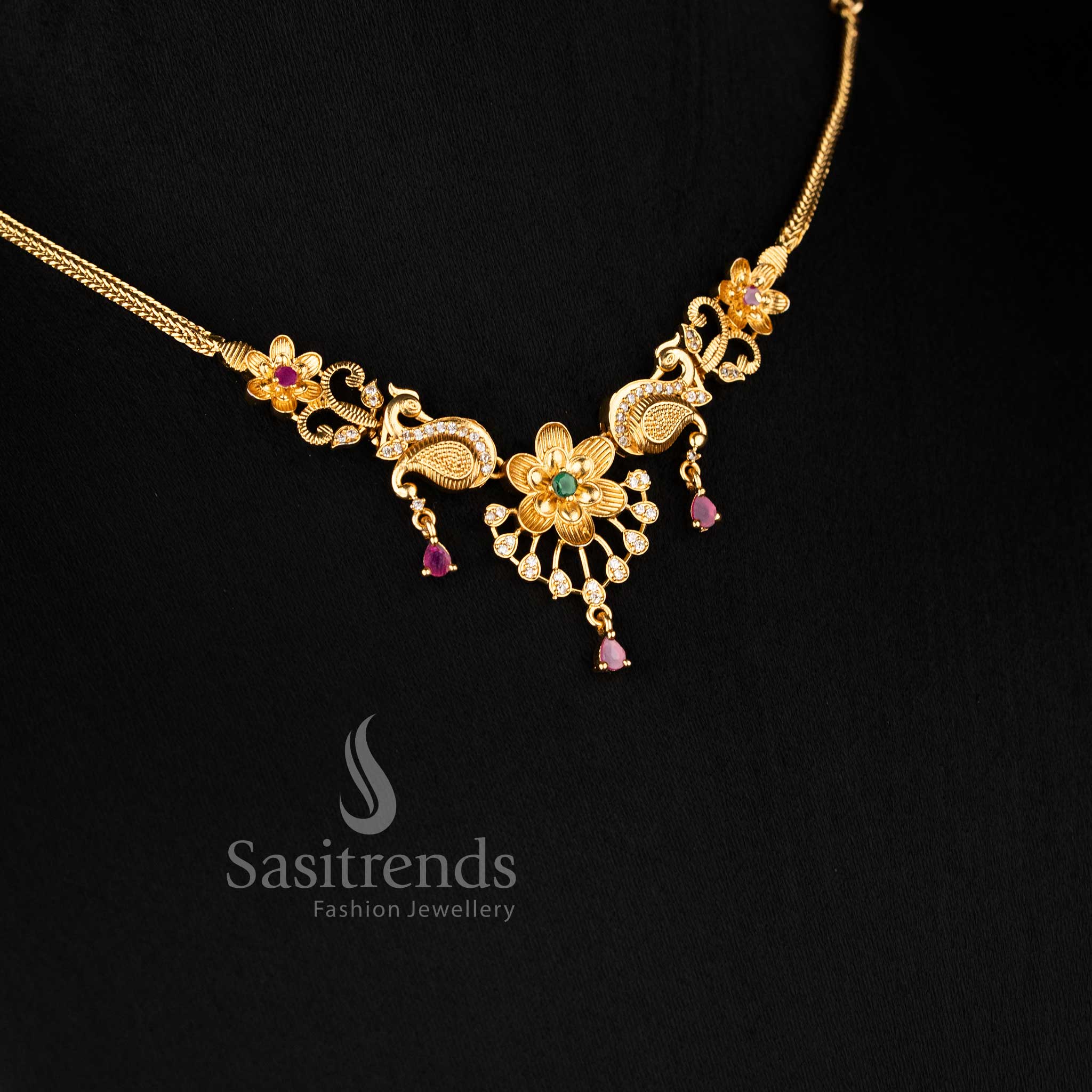 Elegant Peacock Necklace Set: Multi-Color American Diamonds - Sasitrends 