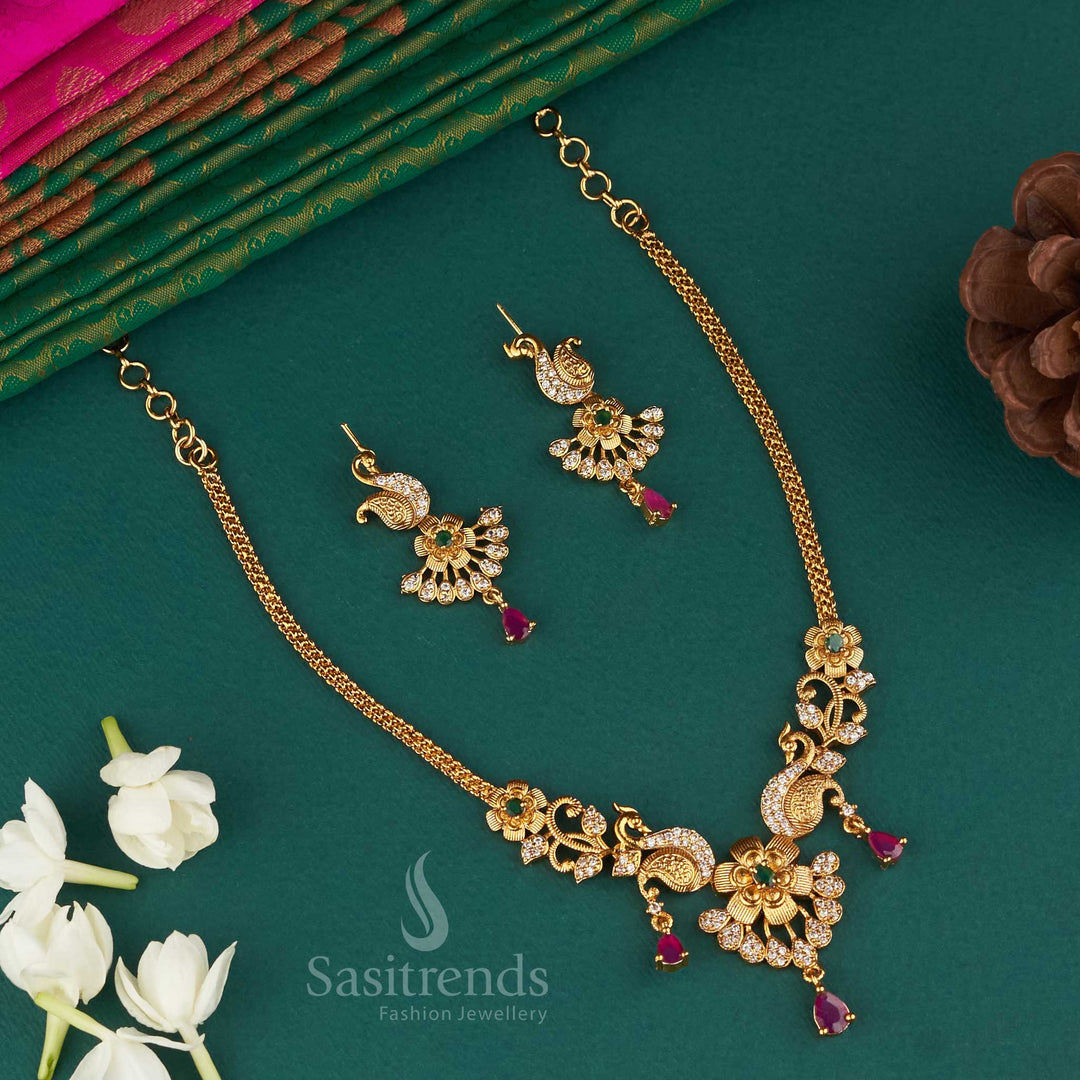 Vibrant Peacock Necklace Set: Multi-Color American Diamonds - Sasitrends