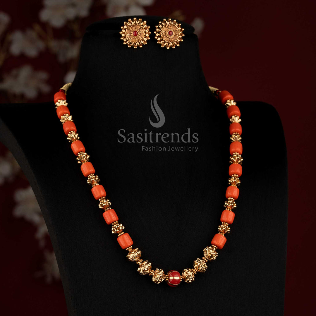 Traditional Antique Coral Pearl Golden Bead Long Mala Necklace Set for Women - Sasitrends
