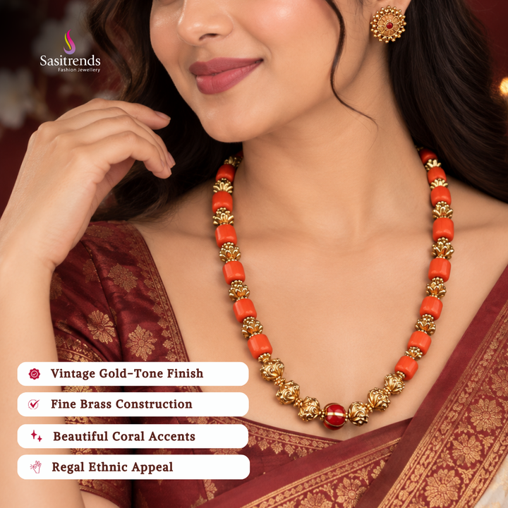 Antique gold plated coral bead necklace set - Sasitrends