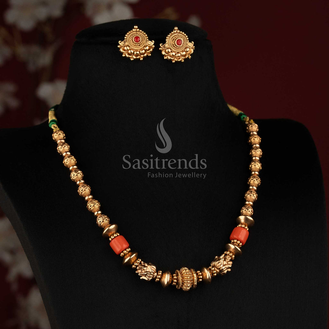 Antique Gold Plated Coral Pearl Long Haram Necklace Set for Wedding and Festive Wear - Sasitrends
