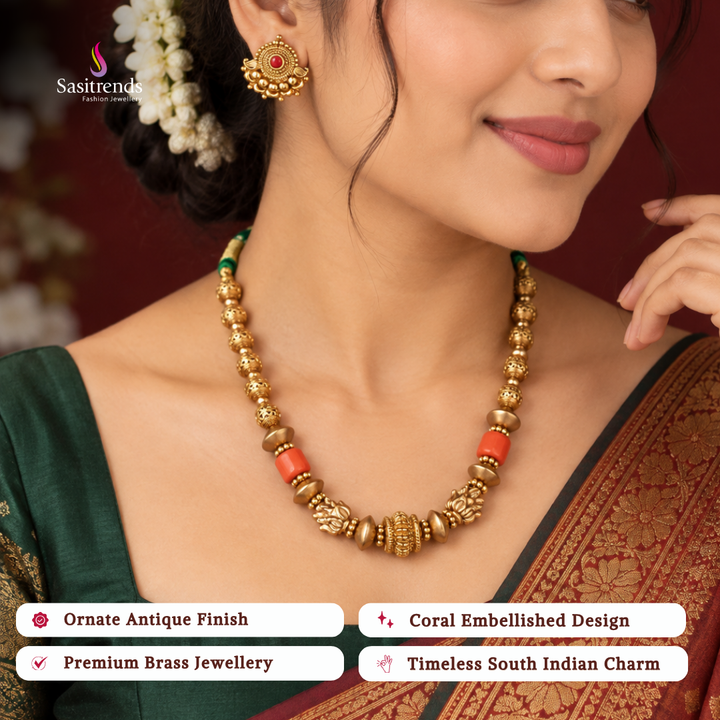 Antique gold plated coral bead necklace set - Sasitrends