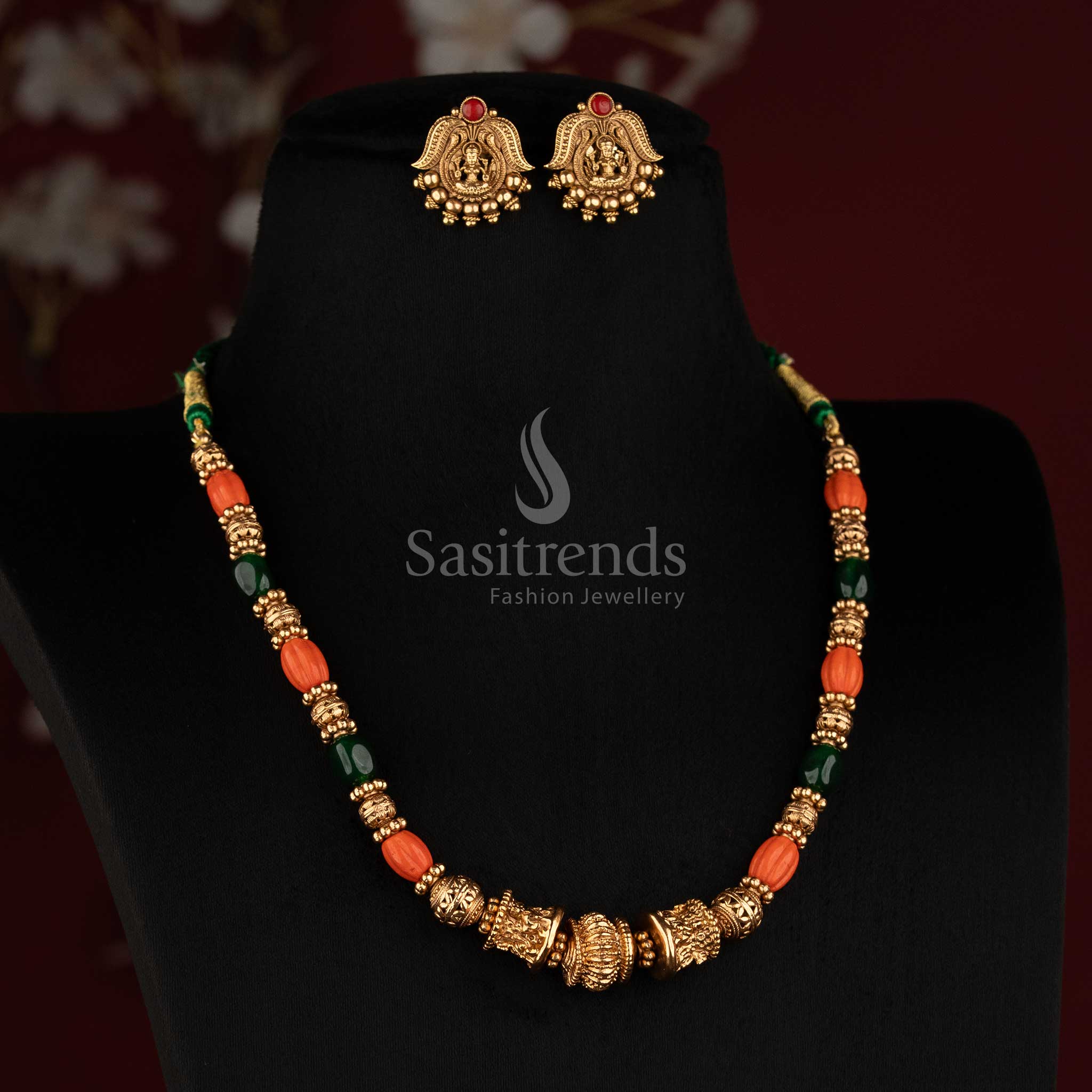 Antique Coral and Pearl Bead Long Mala Haram Necklace Set with Floral Stud Earrings - Sasitrends