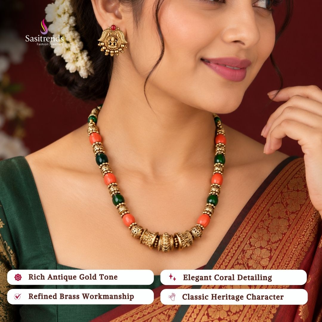 Antique gold plated coral bead necklace set - Sasitrends