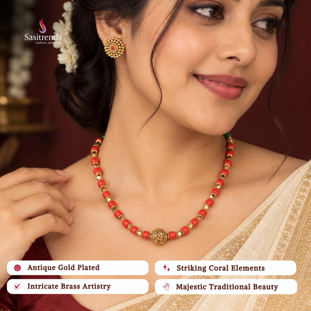 Antique gold plated coral bead necklace set - Sasitrends