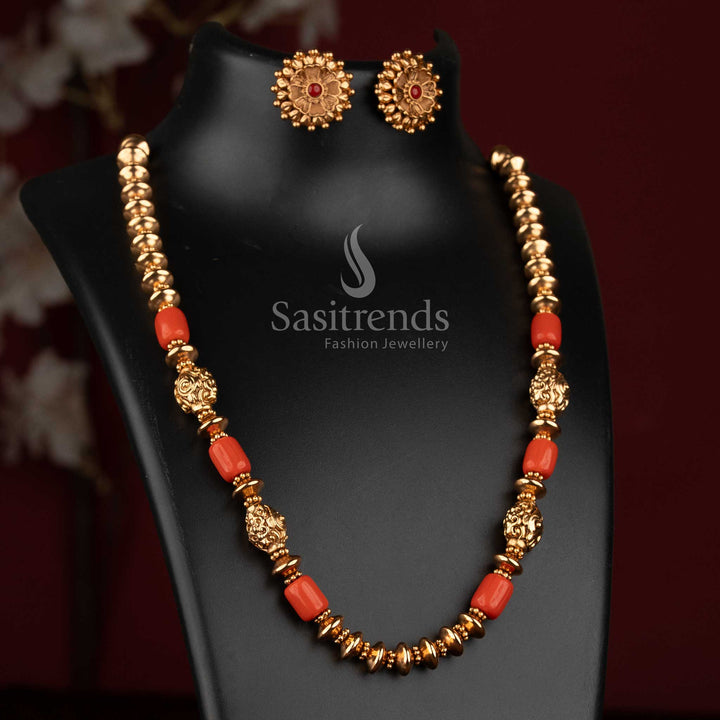 Antique Coral Golden Bead Strand Mala Necklace Set with Floral Stud Earrings - Sasitrends