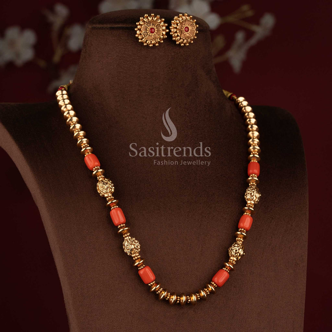 Antique Gold Plated Coral Golden Bead Necklace Set for Festive Wear - Sasitrends