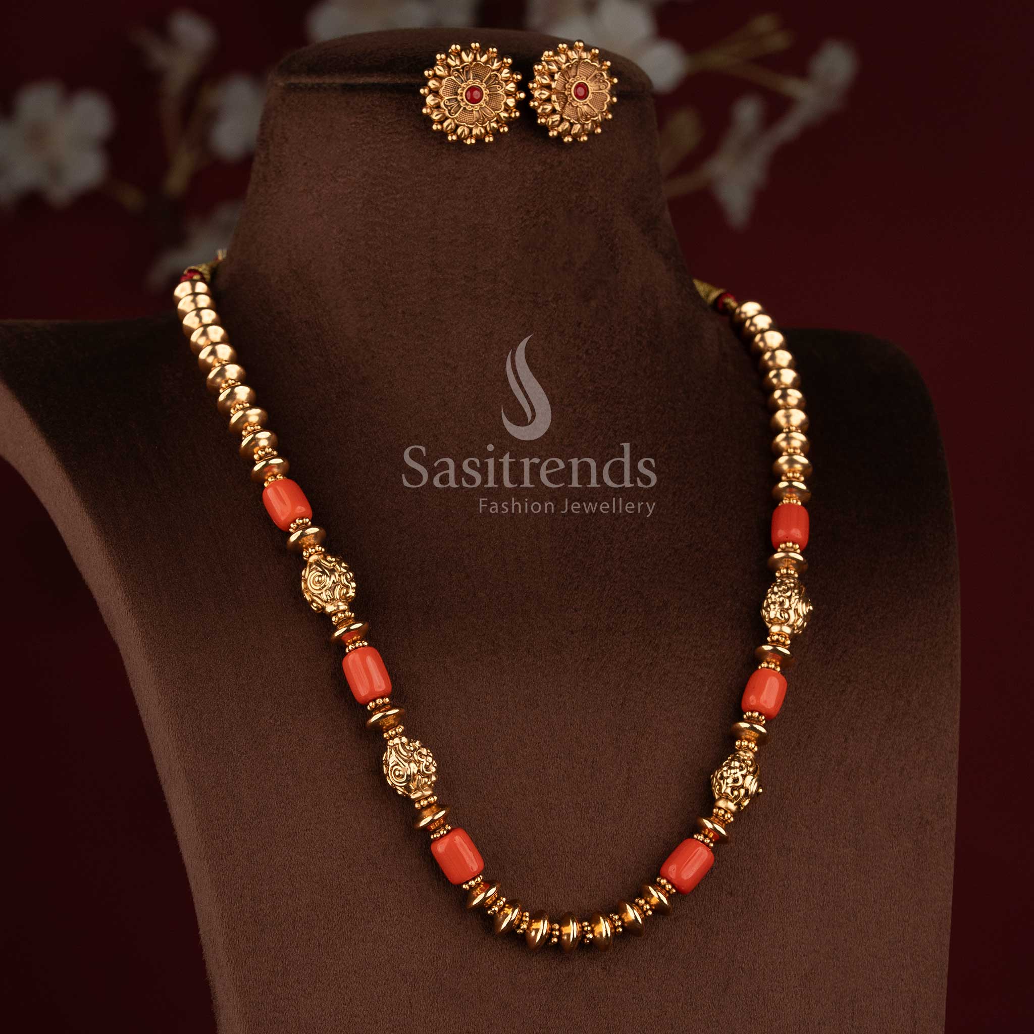 Antique Gold Plated Coral Golden Bead Necklace Set for Festive Wear - Sasitrends