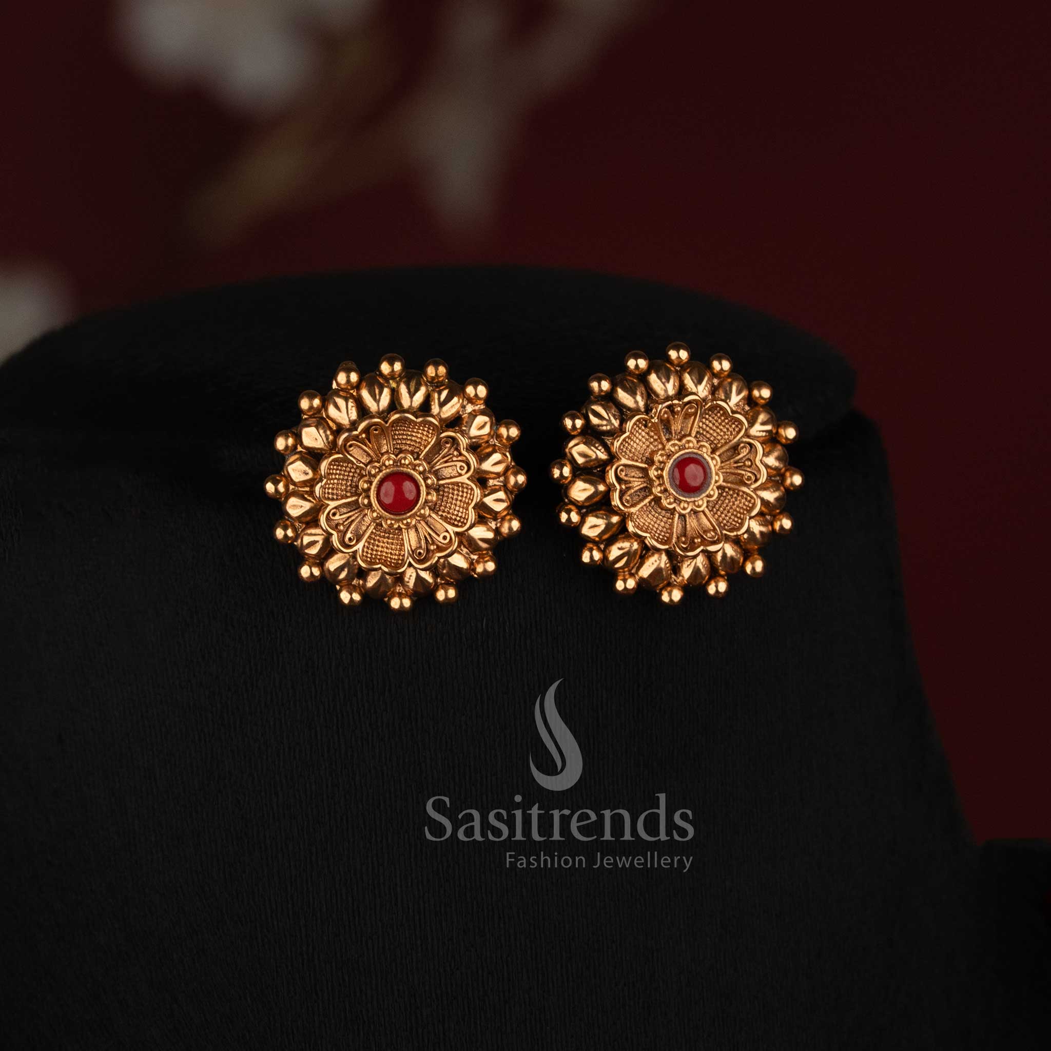 Detailed Coral Bead Short Mala with Ornate Golden Spheres and Matching Floral Studs - Sasitrends