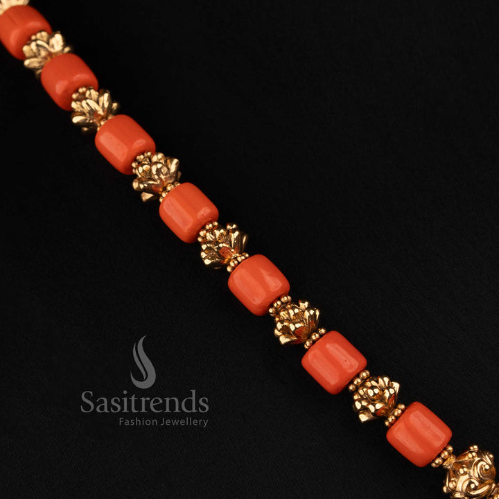 Traditional Antique Coral and Golden Bead Short Mala Necklace Set for Women - Sasitrends