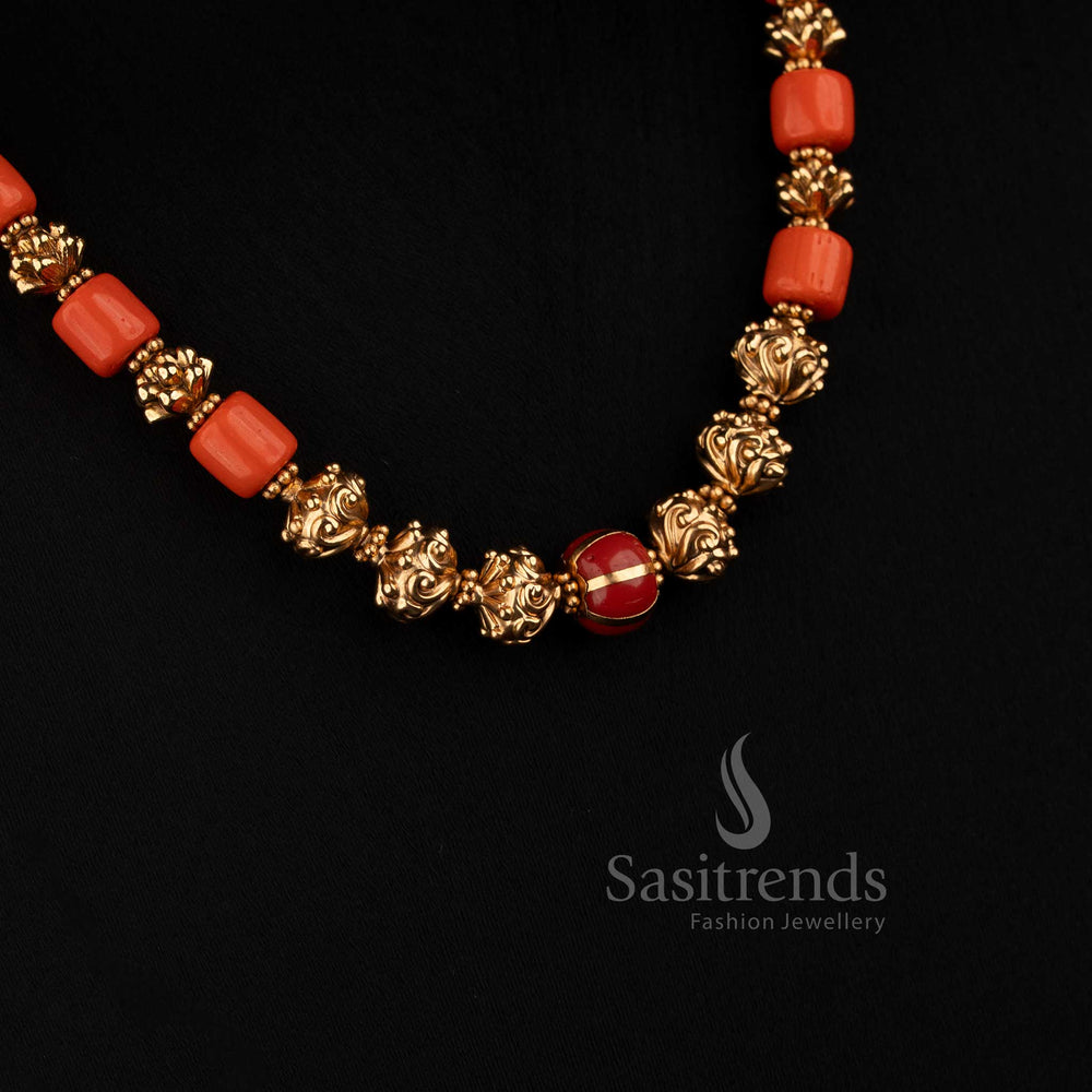 Antique Coral Golden Bead Short Mala Necklace Set with Floral Stud Earrings - Sasitrends