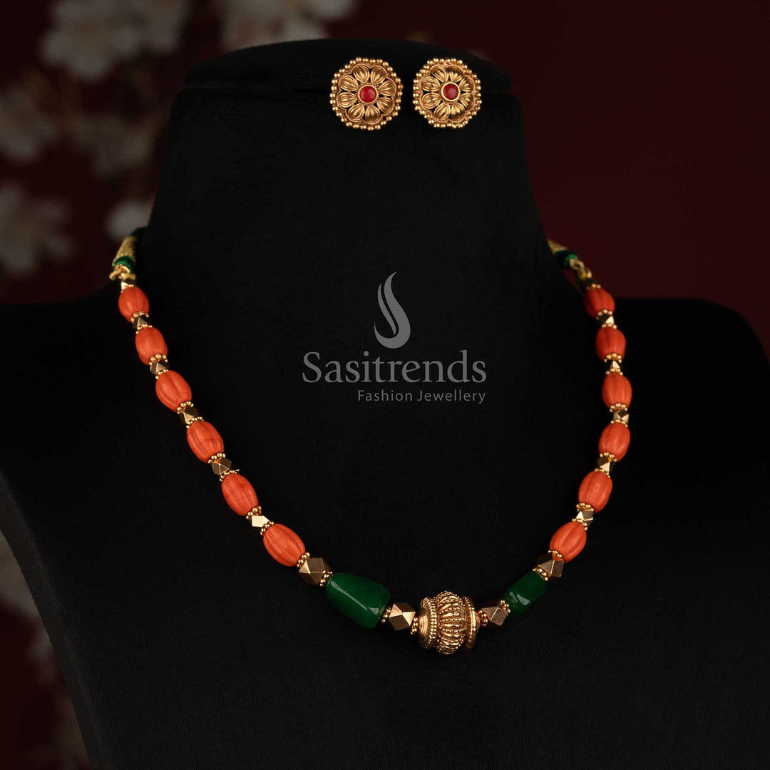 Royal Antique Coral Green Bead Mala Necklace with Golden Barrel and Matching Studs - Sasitrends