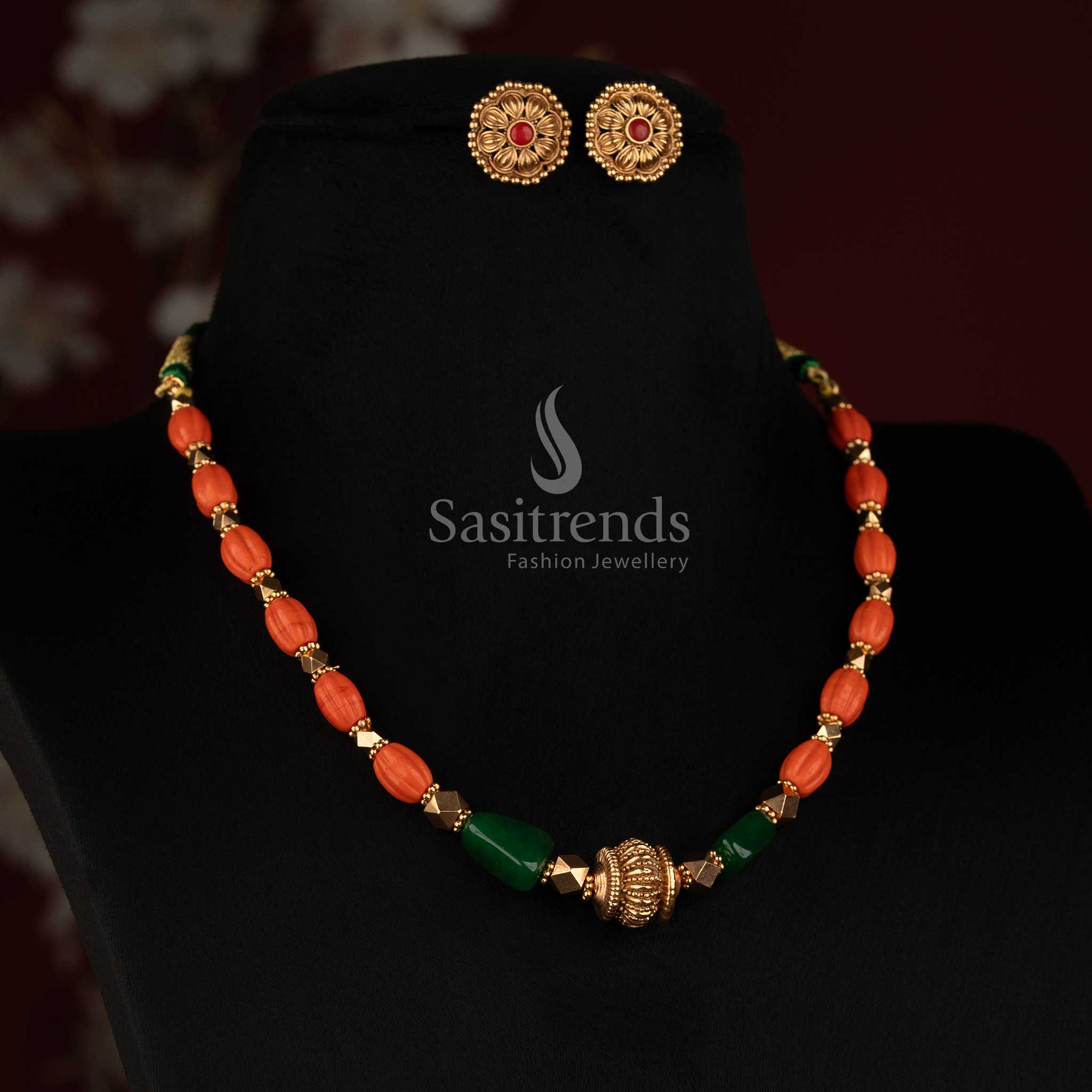 Royal Antique Coral Green Bead Mala Necklace with Golden Barrel and Matching Studs - Sasitrends