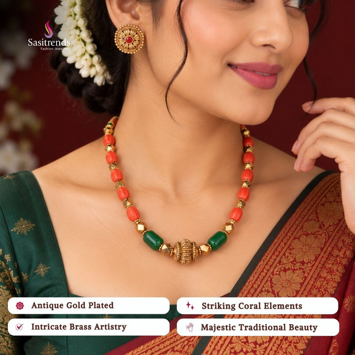 Antique gold plated coral bead necklace set - Sasitrends