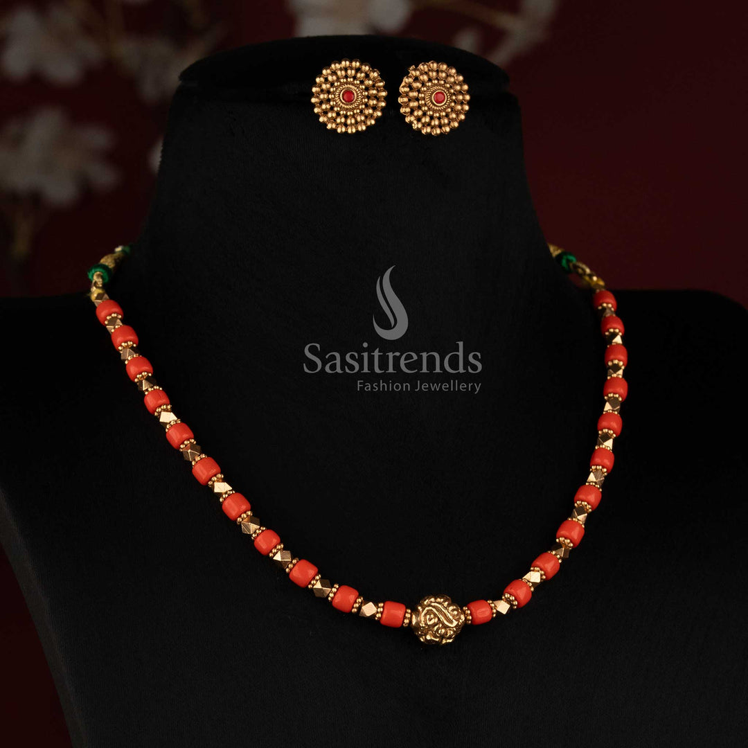 Coral Red Bead Mala with Antique Golden Spacers and Central Ganesha Bead - Sasitrends